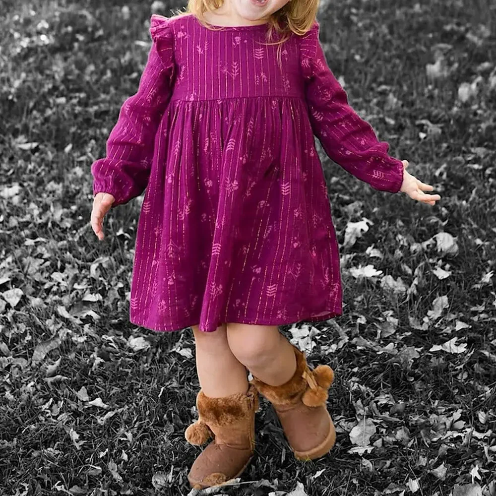 Cat & Jack Muslin Cotton Girls Long Sleeve Dress Floral Metallic Plum Purple 4T